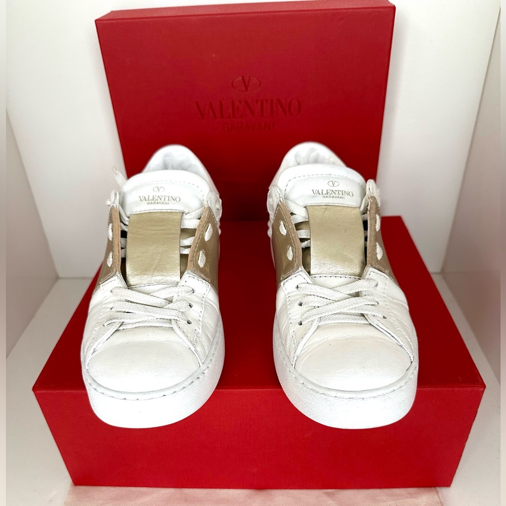 Authentic Valentino Garavani White with Gold Studded Leather Sneakers